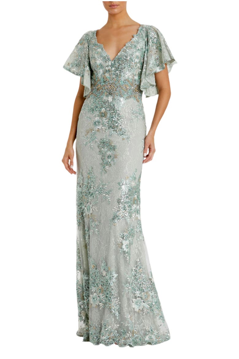 Bell Sleeve Floral Embellished Gown, Main, color, Seafoam