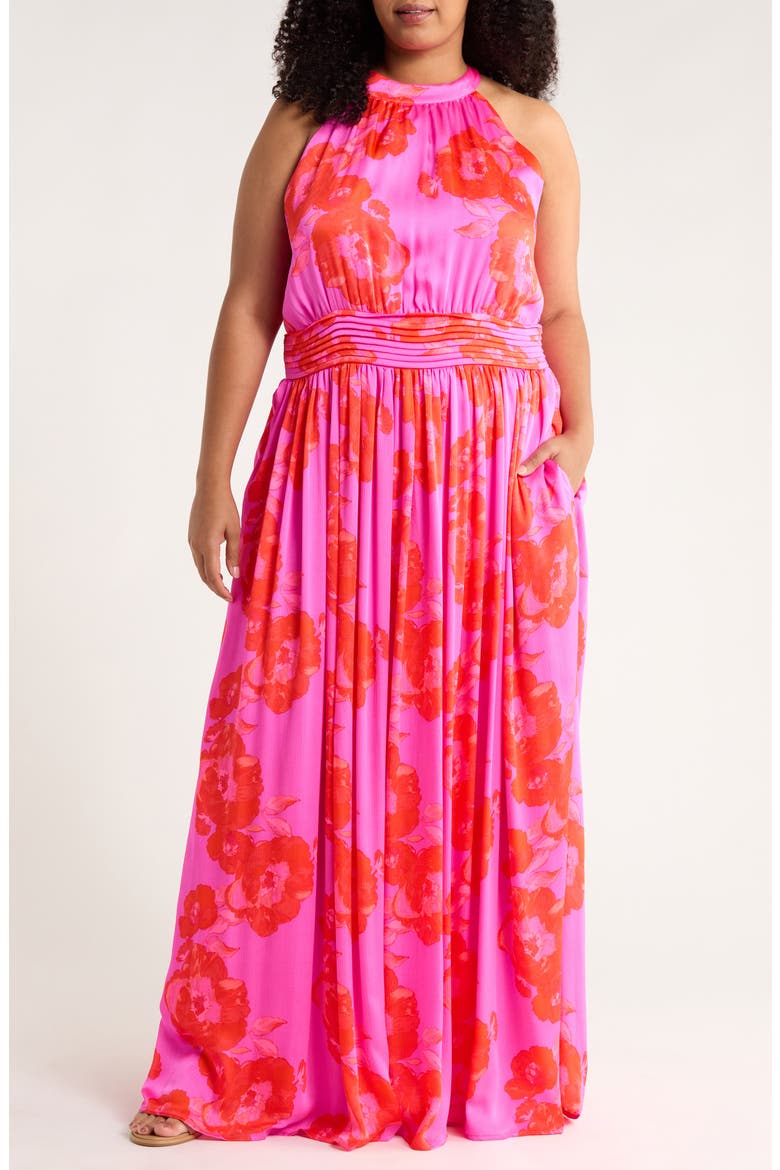 Lailah Floral Balboa Landy Halter Neck Maxi Dress, Main, color, MAGENTA-RED