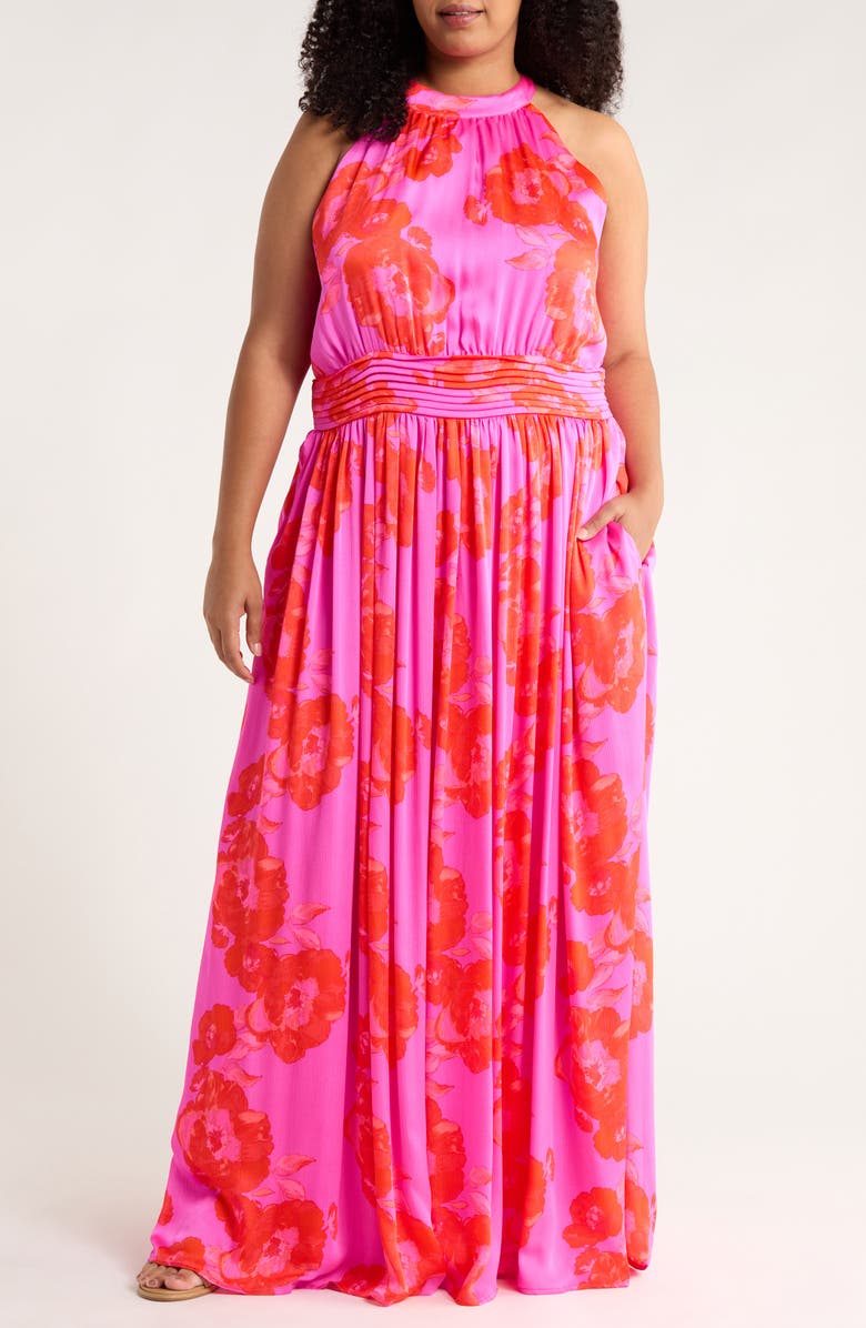 SUGARLIPS Lailah Floral Balboa Landy Halter Neck Maxi Dress, Main, color, Magenta-Red