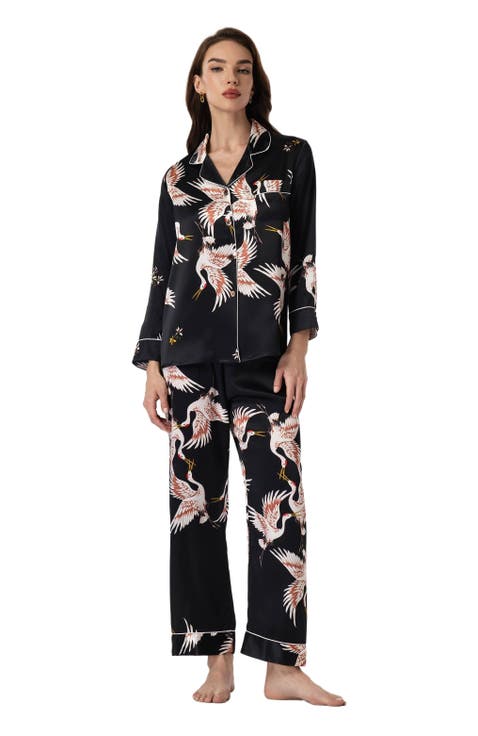 19Momme Pure Silk Printed Classic Binding Trim Womens Pajama set