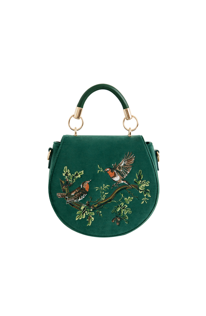 Fable England Robin Love Embroidered Saddle Bag Fern Green Velvet, Main, color, Green