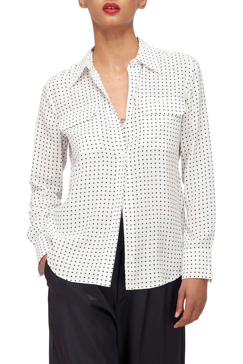 Slim Fit Signature Dot Print Silk Button-Up Blouse, Main, color, NTR WHT TR