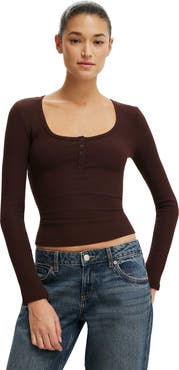 Cotton On Women's Blake Rib Scoop Henley Long Sleeve
