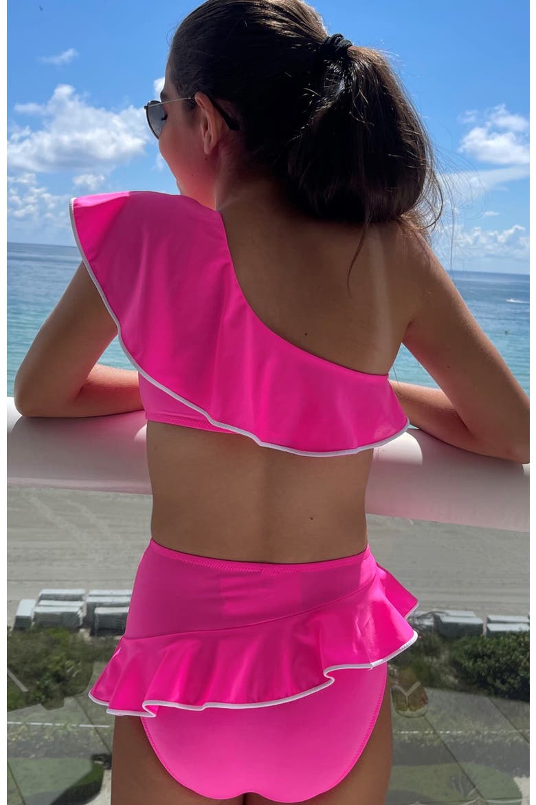 Kids' One Shoulder Ruffle Pipping Detail Two Piece Bikini, Alternate, color, Pink