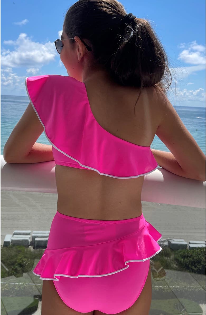 NESSI BYRD Kids' One Shoulder Ruffle Pipping Detail Two Piece Bikini, Alternate, color, Pink