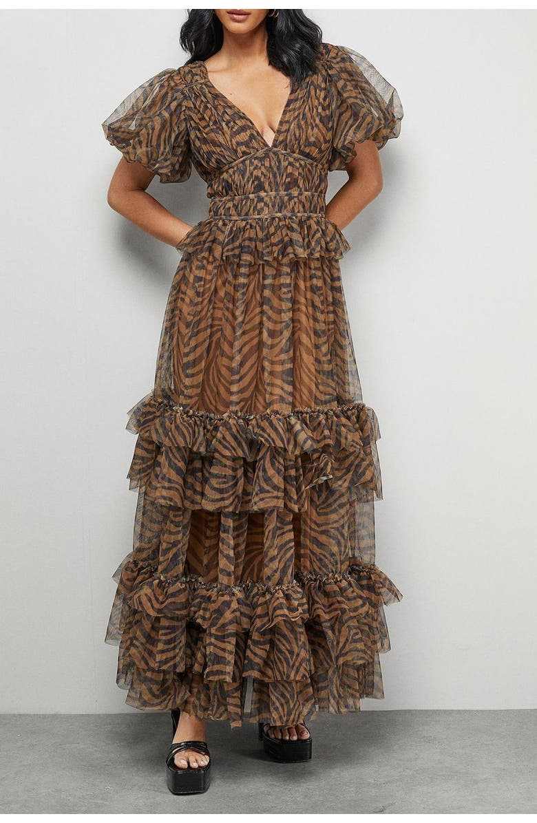 Warehouse Zebra Print Tulle Ruffle Maxi Dress, Alternate, color, Animal