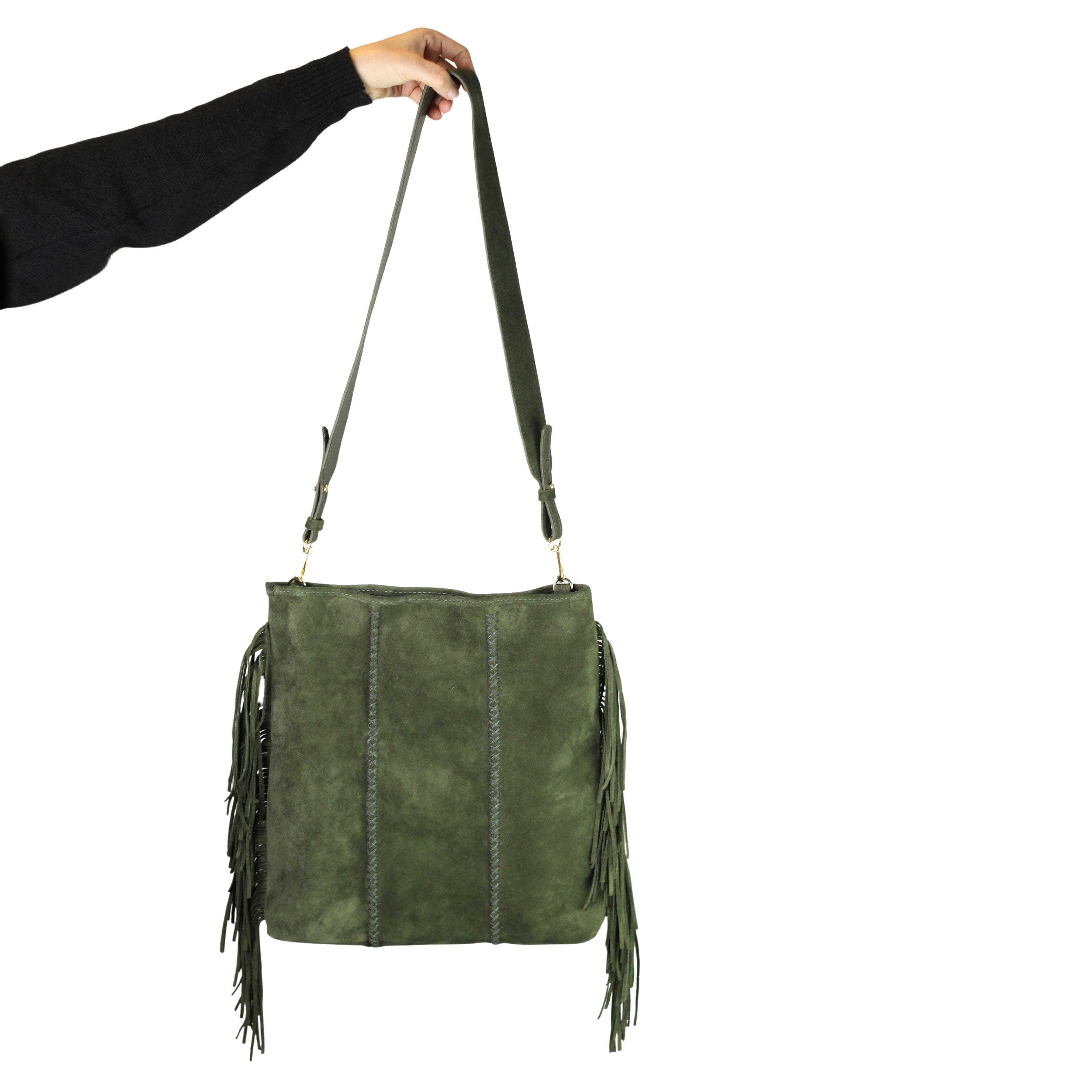 Fringe Suede Crossbody Messenger Bag, Alternate, color, Olive