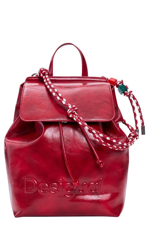 Mini Logo Embossed Convertible Faux Leather Backpack