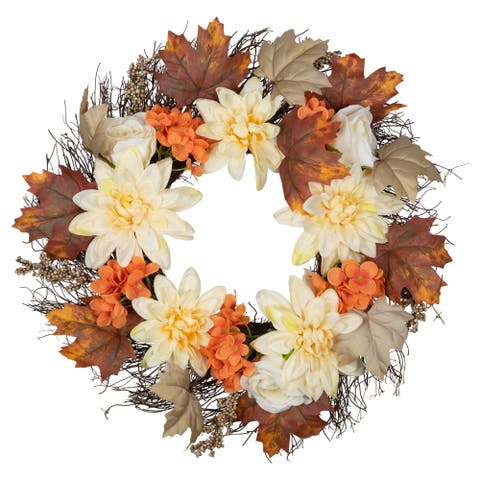 Dahlias, Maple Leaves and Berries Artificial Fall Harvest Floral Twig Wreath - 22"
