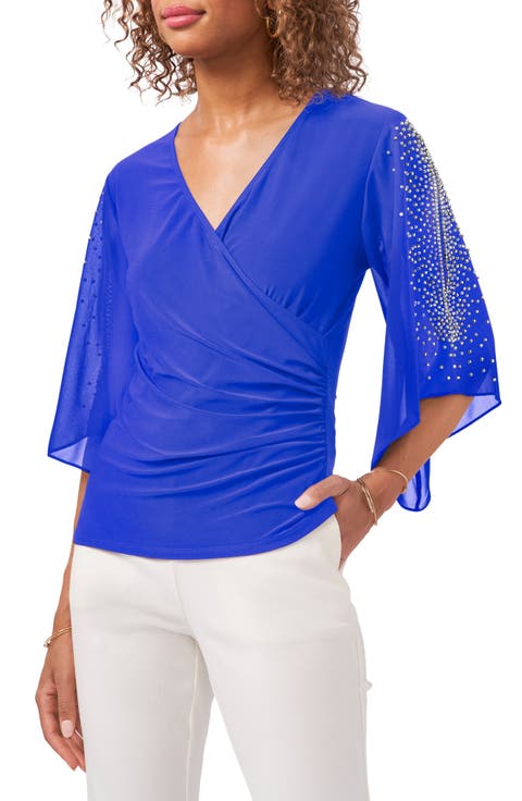 Embellished Split Sleeve Surplice Blouse