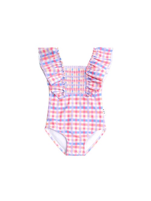 Huxbaby Shirred Frill Swimsuit Rainbow Check In Pink