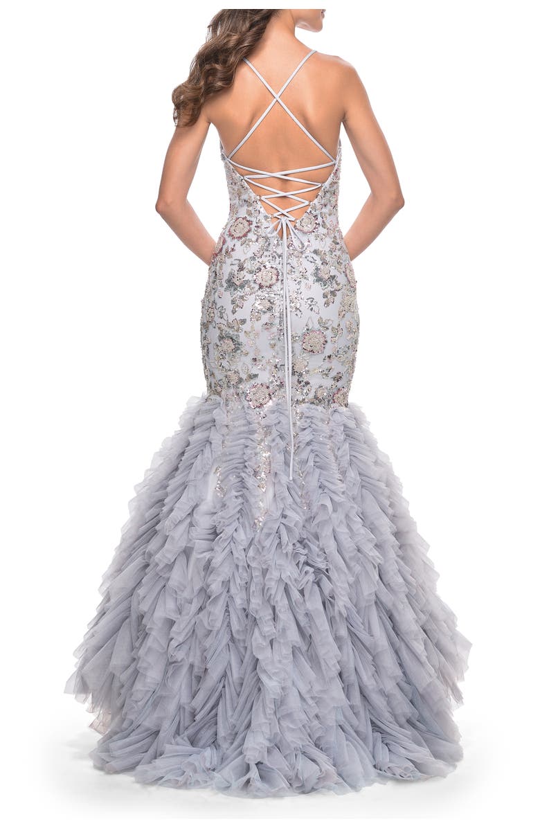 La Femme Mermaid Beaded Floral Gown with Ruffle Detailed Skirt, Alternate, color, Silver