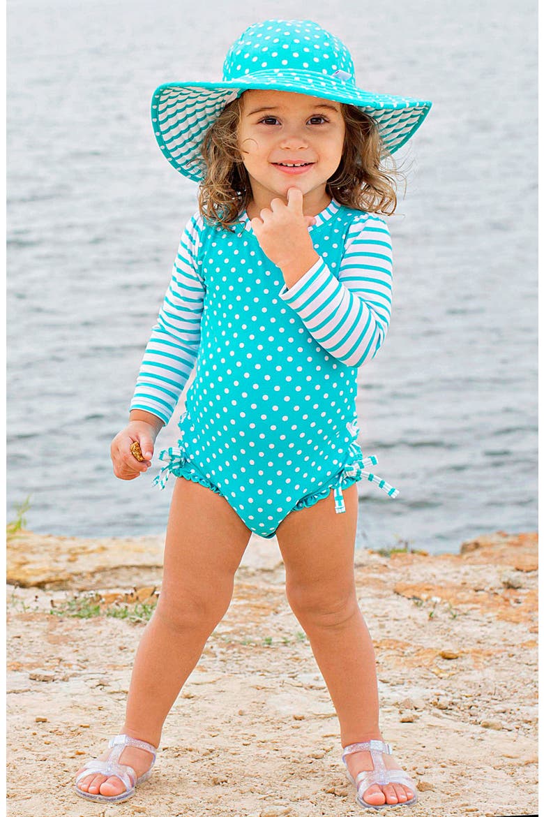 One-Piece Rashguard Swimsuit & Hat Set, Alternate, color, AQUA