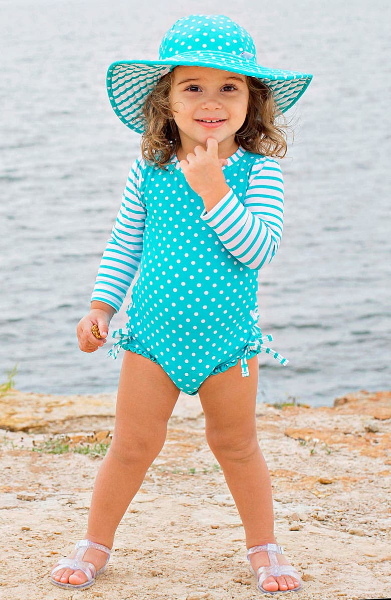 RuffleButts One-Piece Rashguard Swimsuit & Hat Set, Alternate, color, 