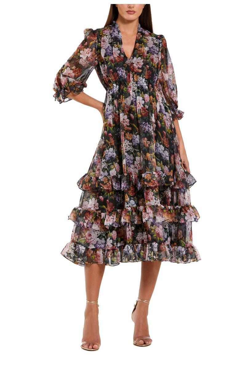 Mac Duggal Chiffon 3/4 Sleeve A Line Midi Dress With Ruffles, Main, color, Black Multi