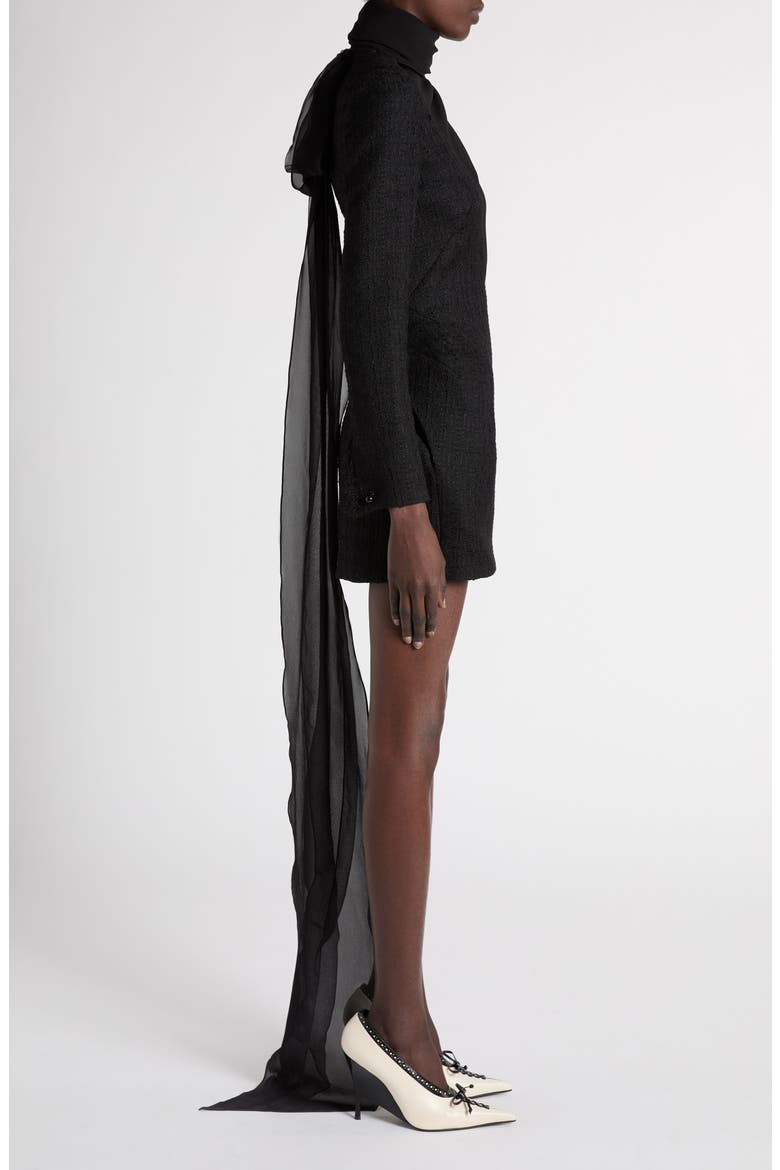 Long Sleeve Stretch Wool & Mohair Light Tweed Evening Minidress, Alternate, color, BLACK