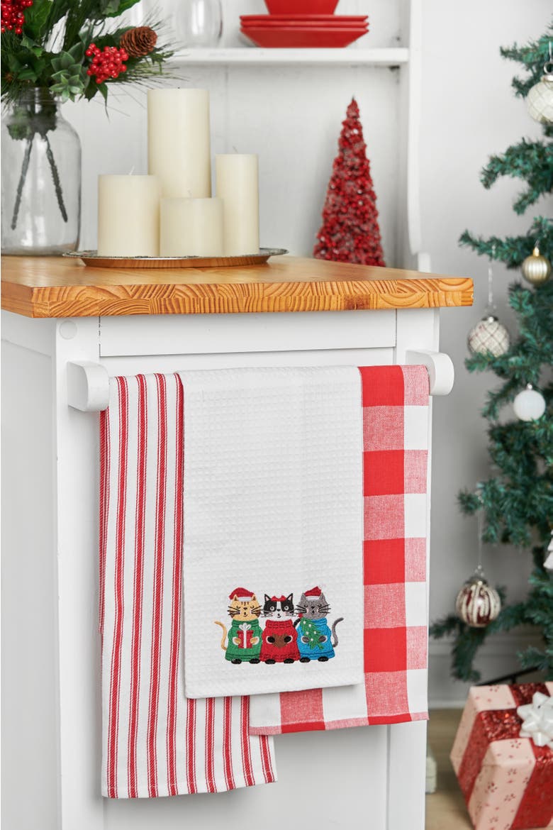 Christmas Caroling Cats Embroidered Cotton Waffle Weave Kitchen Dishtowel, Alternate, color, White