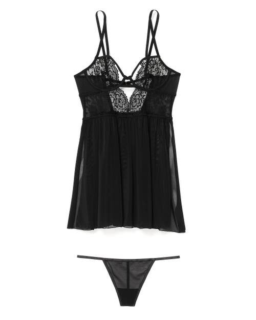 Adore Me Rae Unlined Babydoll & G-string Set Lingerie In Black