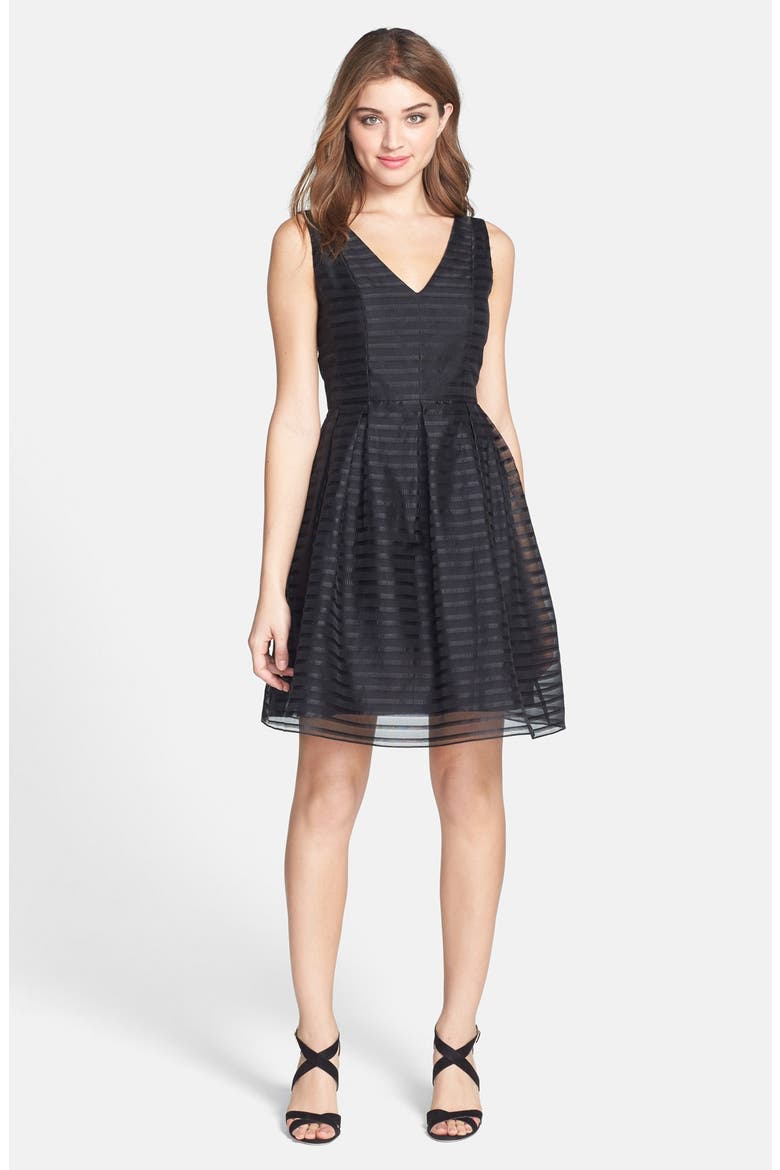 'Rita' Ribbon Stripe Silk Organza Fit & Flare Dress, Alternate, color, BLACK