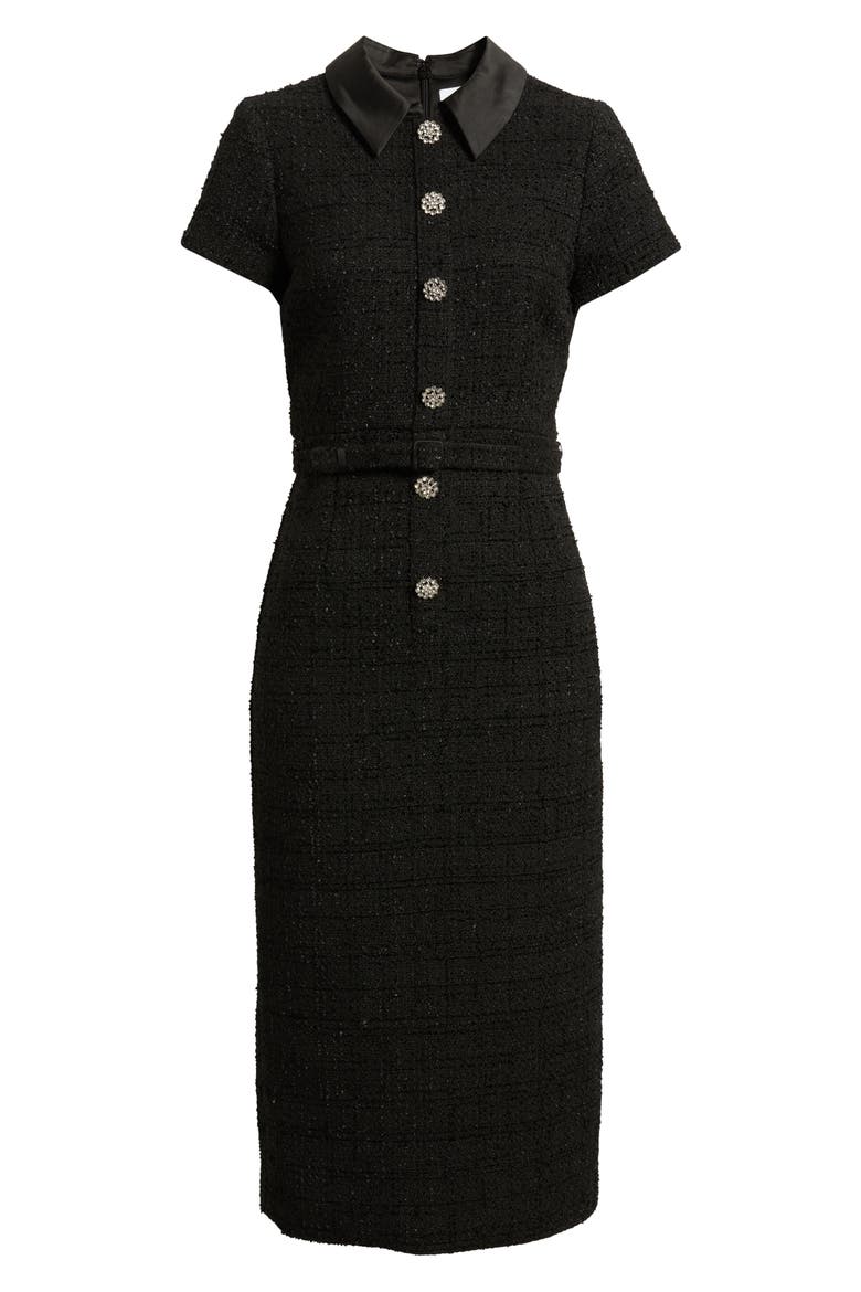 Bardot Crystal Floral Button Tweed Cocktail Midi Dress, Alternate, color, BLACK