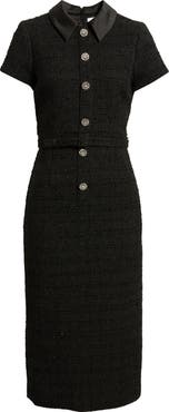 LIKELY Bardot Crystal Floral Button Tweed Cocktail Midi Dress