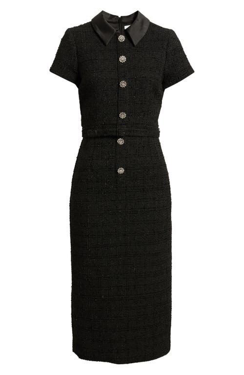 Likely Bardot Crystal Floral Button Tweed Cocktail Midi Dress In Black