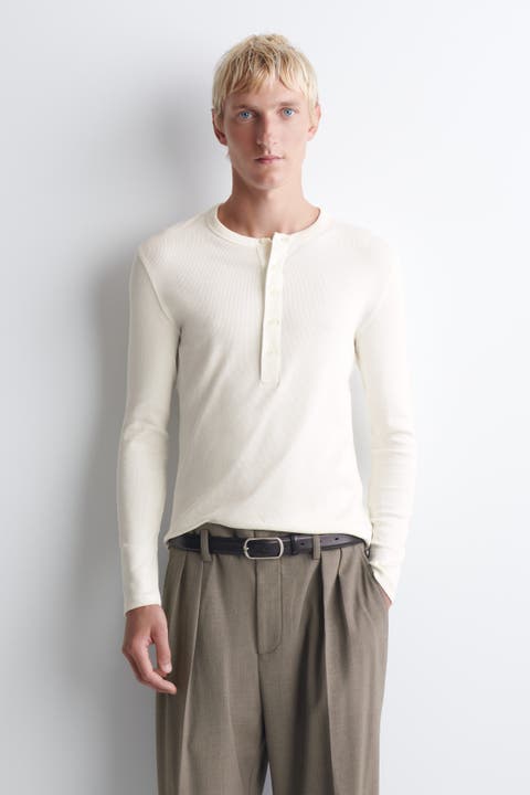 Slim Ribbed Cotton Long-sleeved Henley T-shirt