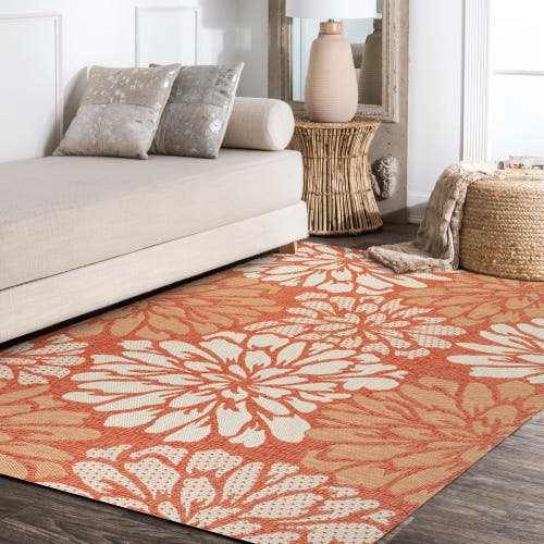Jonathan Y Zinnia Modern Floral Textured Weave Indoor/outdoor Area Rug In Orange/cream