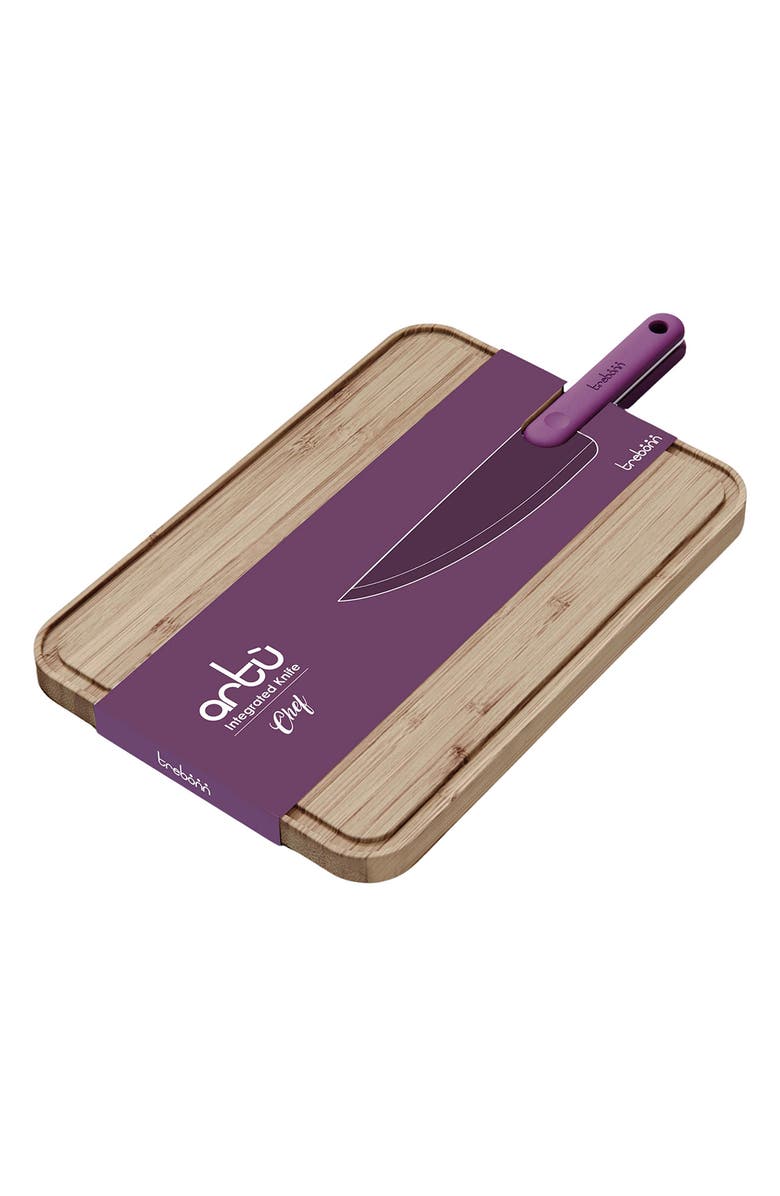 TREBONN Bamboo Chopping Board with Integrated Chef Knife, Alternate, color, Purple