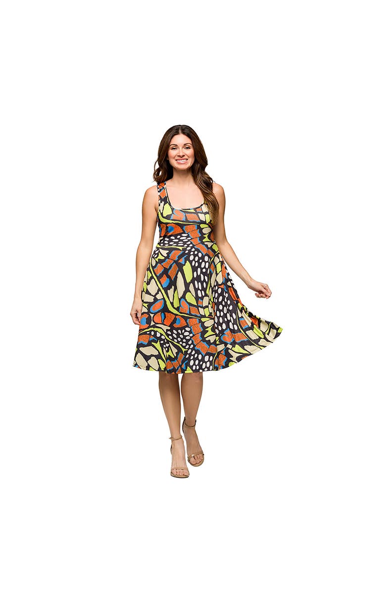 24seven Comfort Apparel Maternity Butterfly Print Sleeveless Knee Length Tank Swing Dress, Main, color, Orange Multi