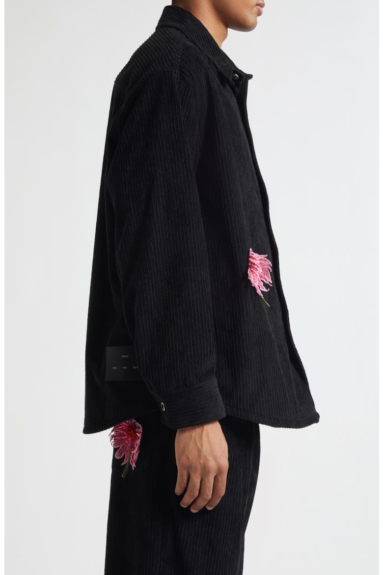 Floral Appliqué Corduroy Shirt Jacket, Alternate, color, BLACK