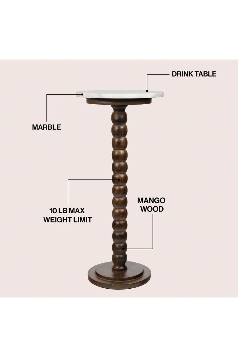 Monroe Farmhouse Wood Drink Table, Marble Round Top Bobbin Spool Pedestal Base, Decorative Accent End Table, Alternate, color, Dark Brown/Beige/Gray