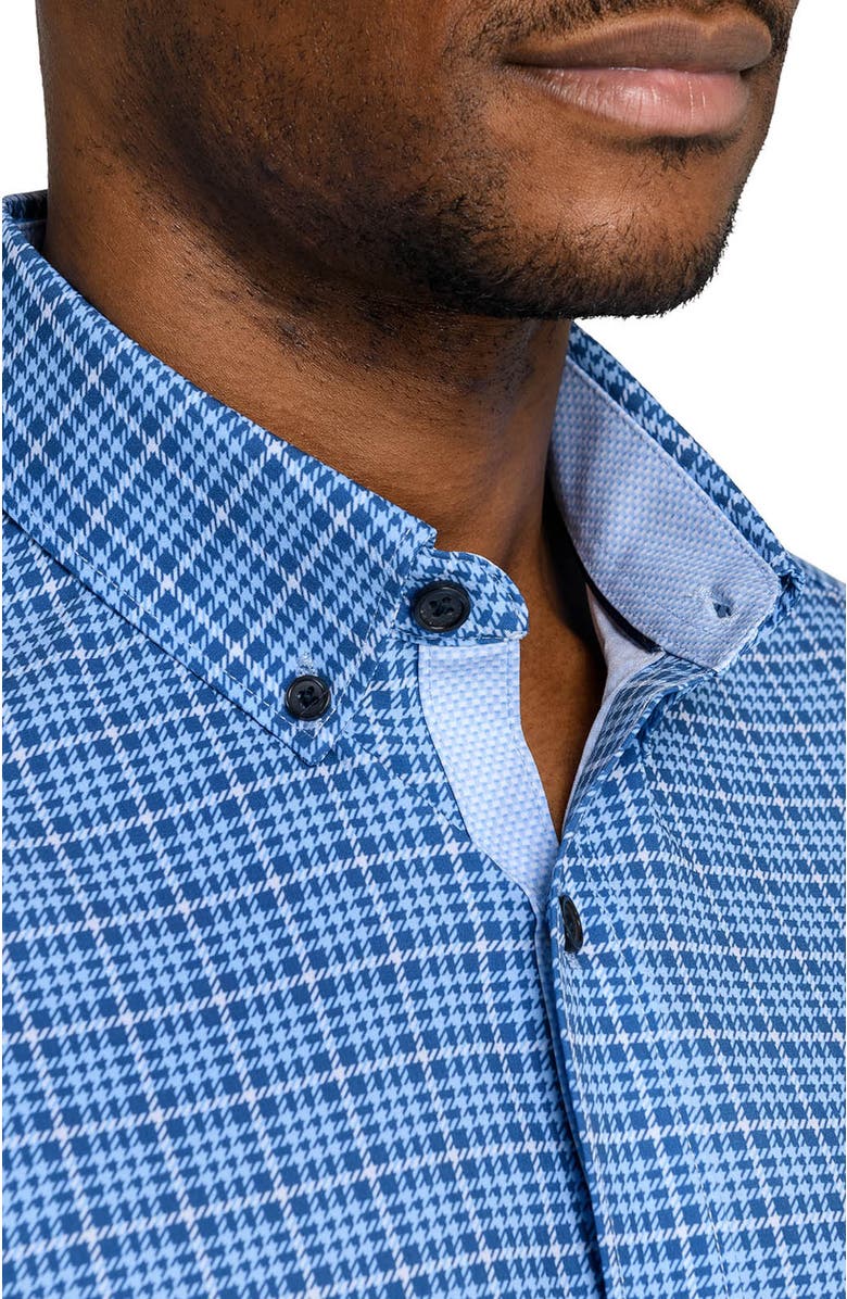 CONSTRUCT Slim Fit Houndstooth Plaid Woven Short Sleeve Basic Shirt, Alternate, color, Light Blue/Navy