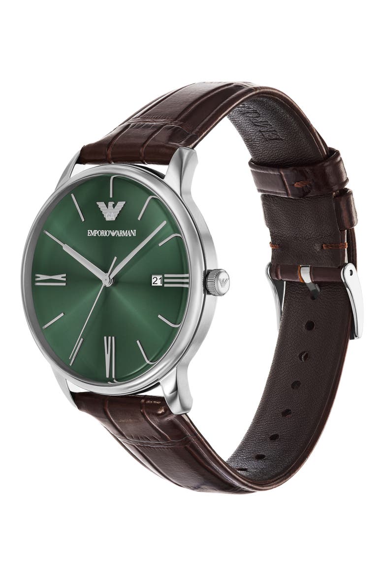 Minimalist Leather Strap Watch, 39mm, Alternate, color, GREEN/ BROWN