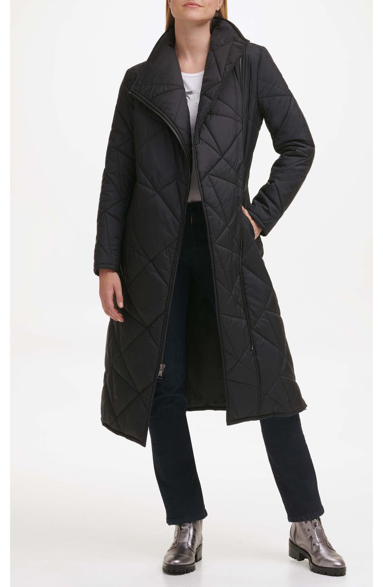 KARL LAGERFELD PARIS Quilted Asymmetric Midi Coat, Alternate, color, Black