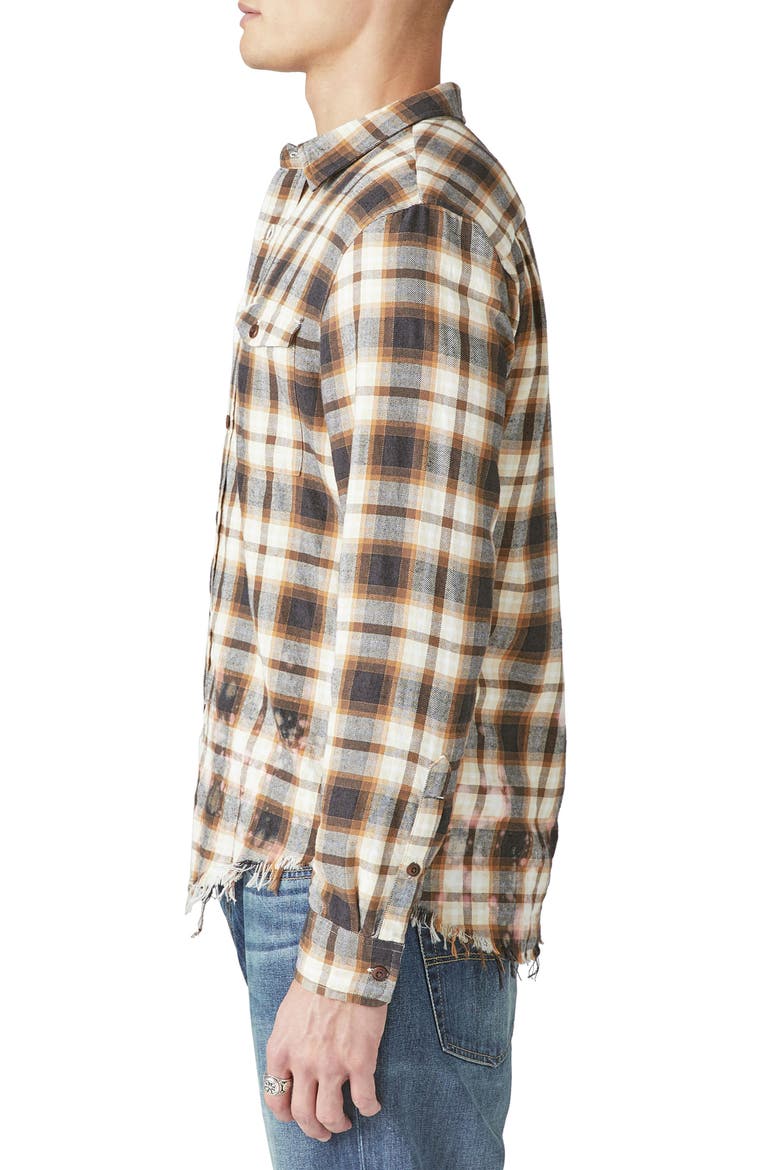 Acid Wash Frayed Hem Plaid Flannel Button-Up Shirt, Alternate, color, BROWN PLAID