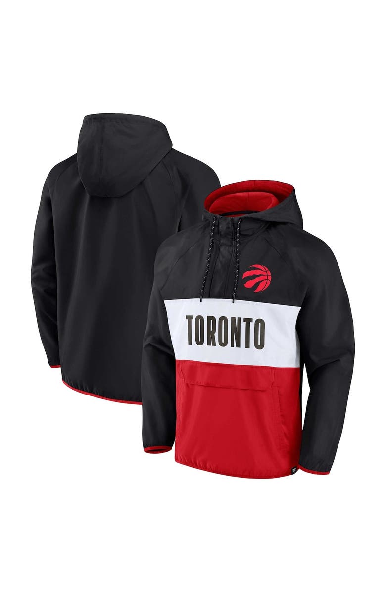 FANATICS Men's Fanatics Branded Black/Red Toronto Raptors Team Leader Iconic Colorblock Anorak Raglan Quarter-Zip Hoodie, Main, color, 