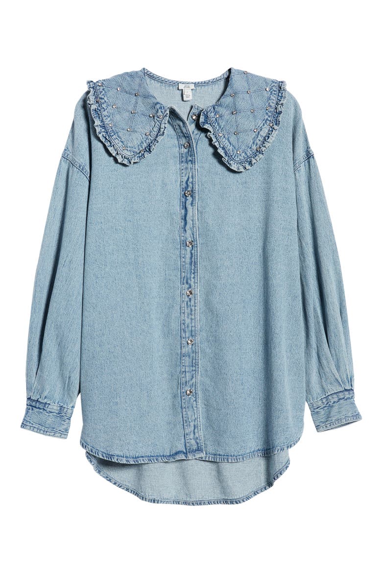 River Islan Rhinestone Collar Chambray Shirt, Alternate, color, DENIM