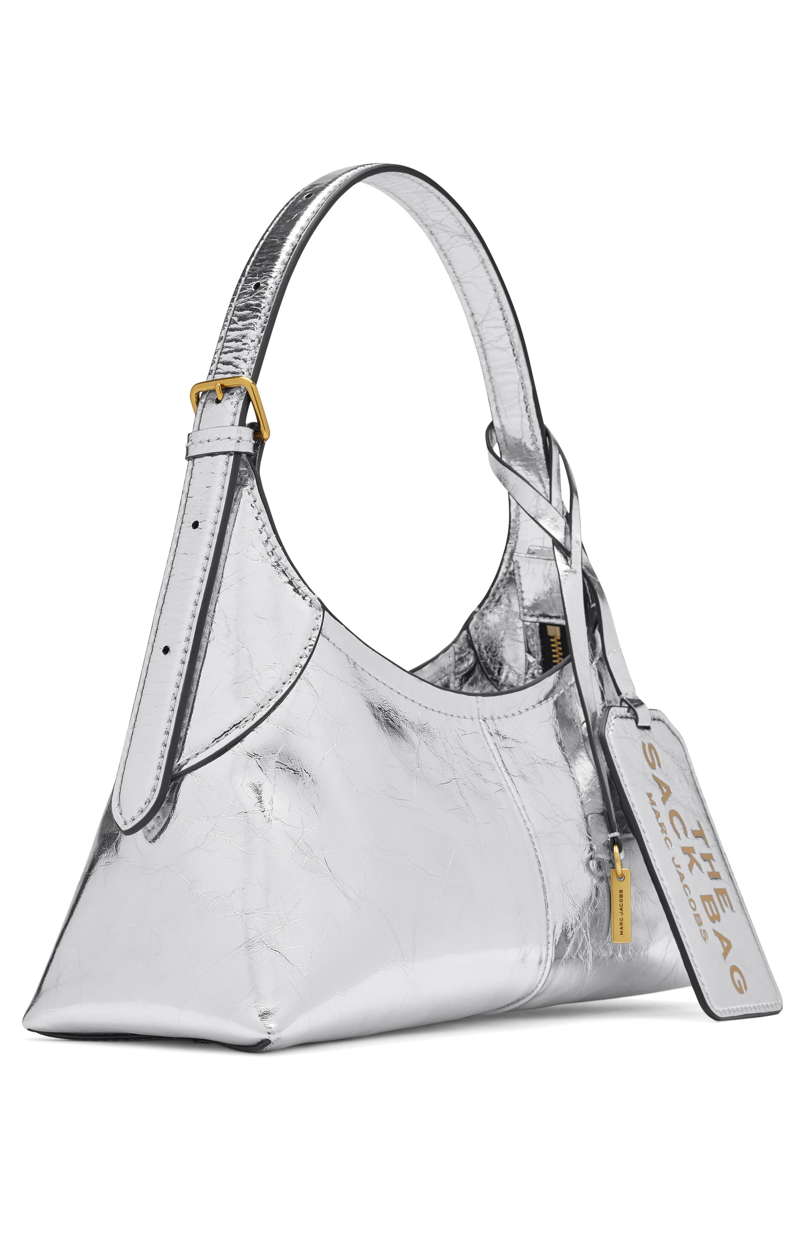 The Small Crinkle Leather Belted Sack Bag, Alternate, color, SILVER