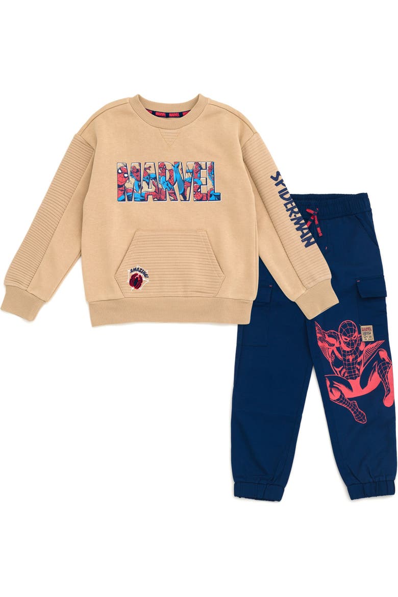 Spider-Man 2-Piece Fleece Sweatshirt and Pants Set, Main, color, Spider Man Beige Navy