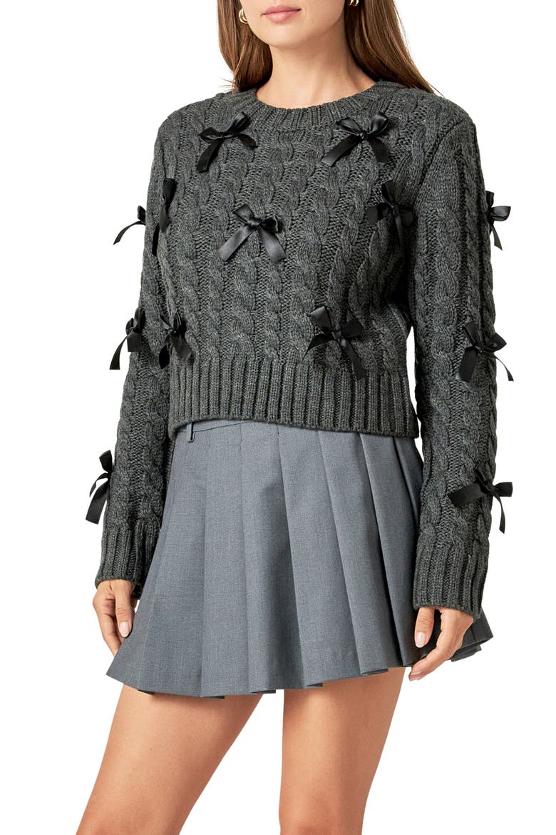 Bow Accent Cable Crewneck Sweater, Alternate, color, CHARCOAL