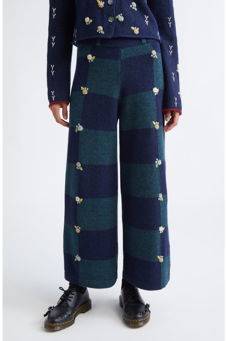 Daisy Embroidered Checkerboard Lambswool Pants, Main, color, NAVY