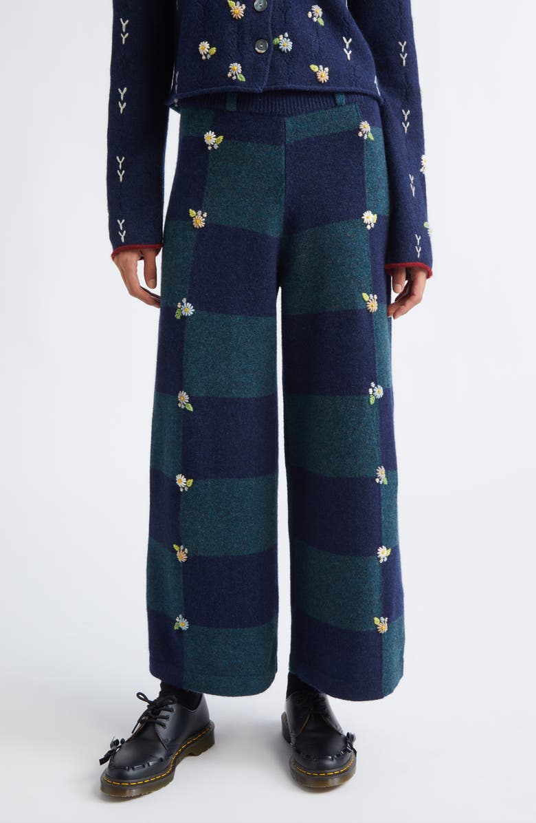 YanYan Daisy Embroidered Checkerboard Lambswool Pants, Main, color, Navy