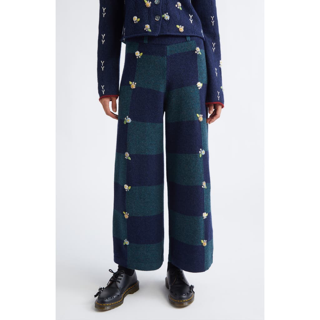 Yanyan Daisy Embroidered Checkerboard Lambswool Pants In Blue