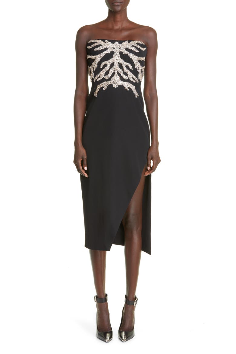 Mycelium Embellished Strapless Cocktail Dress, Main, color, BLACK