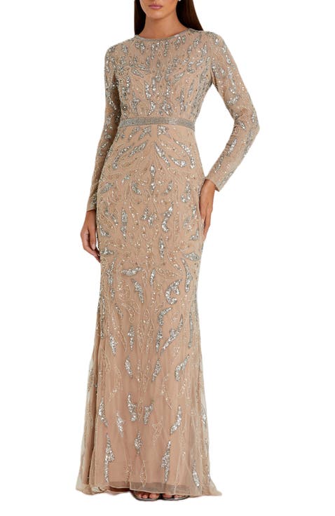 Abstract Beaded Long Sleeve Evening Gown