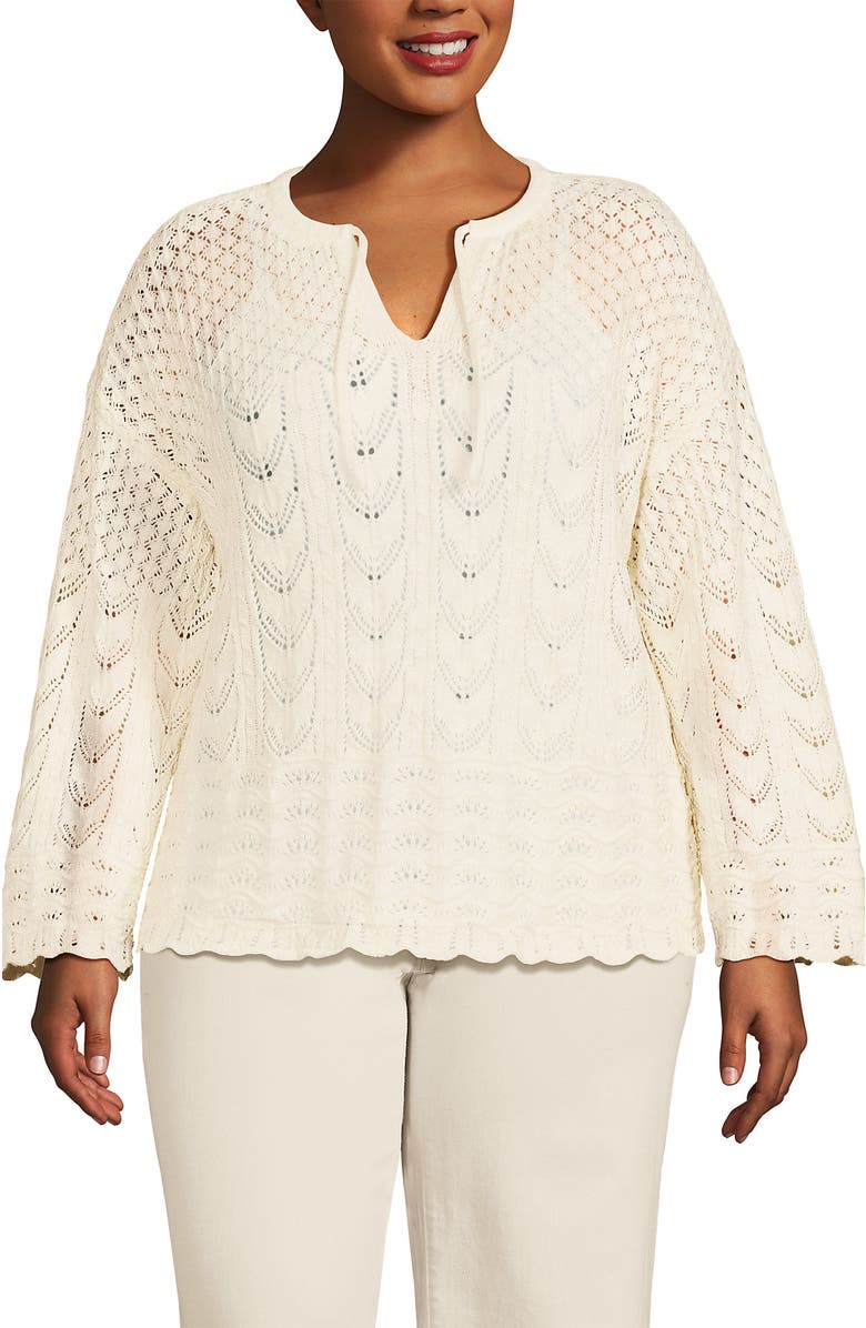 Lands' End Cotton Boucle Pointelle Notch Neck Sweater, Main, color, 