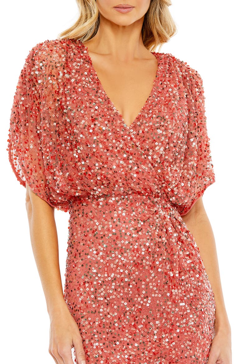 Draped Sleeve Sequin V-Neck Gown, Alternate, color, PAPRIKA