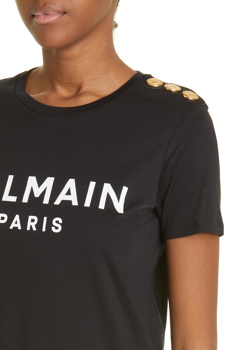 Balmain Button Shoulder Cotton Logo Graphic Tee, Alternate, color, 