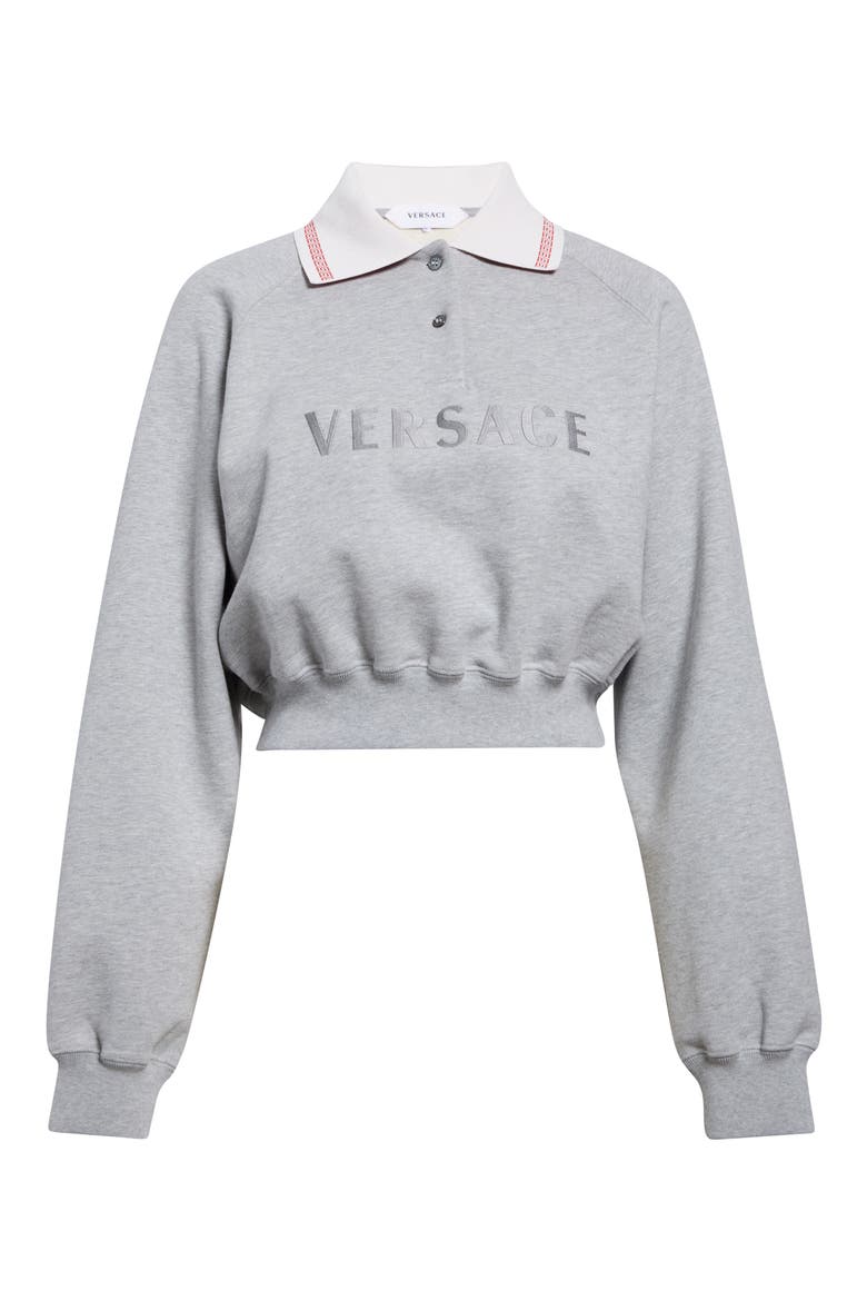 Embroidered Logo Greca Collar Cotton Fleece Crop Polo Sweatshirt, Main, color, GREY MELANGE WHITE